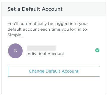 screenshot of Simple finance account, set default account